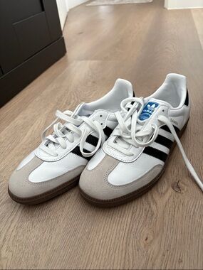 Adidas Sambas White Sneakers with Black Stripes and Gray Suede